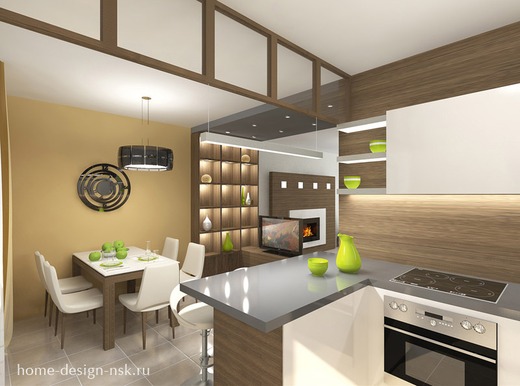 Проект трехуровнего таунхауса в современном стиле: гостиная, кухня-столовая, прихожая. Столовая