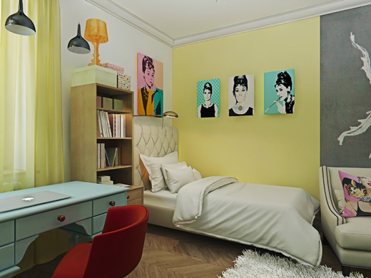 Спальня с элементами поп-арт для средней дочери (коттедж в Кольцово). Спальня
