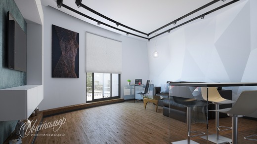 Черно-белый дизайн интерьера однокомнатной квартиры с террасой. Гостиная
