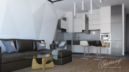 Черно-белый дизайн интерьера однокомнатной квартиры с террасой. Гостиная