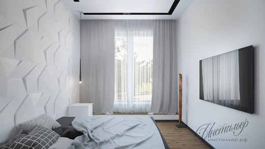 Черно-белый дизайн интерьера однокомнатной квартиры с террасой. Спальня