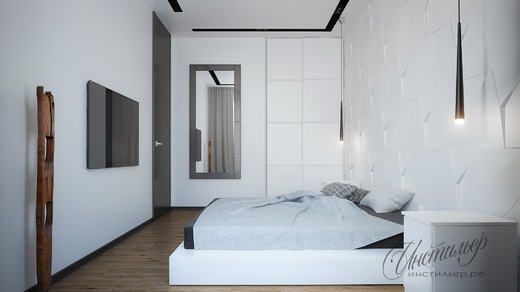 Минималистичный черно-белый дизайн интерьера спальни. Спальня