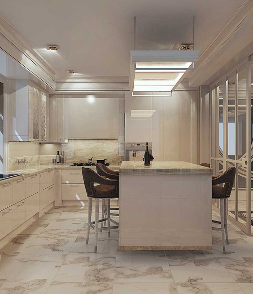 Артдеко стиль в дизайне интерьера кухни белого цвета. Кухня