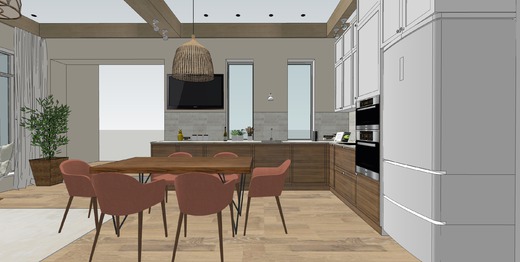 Деревянные балки в современной кухне-гостиной. Кухня