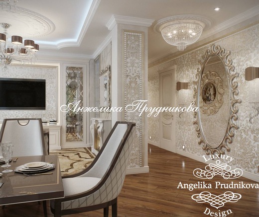 Дизайн квартиры в классическом стиле с белой мебелью на Профсоюзной. Гостиная