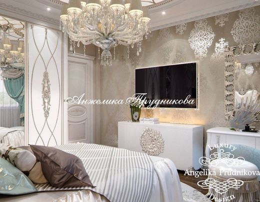 Дизайн квартиры в классическом стиле с белой мебелью на Профсоюзной. Спальня