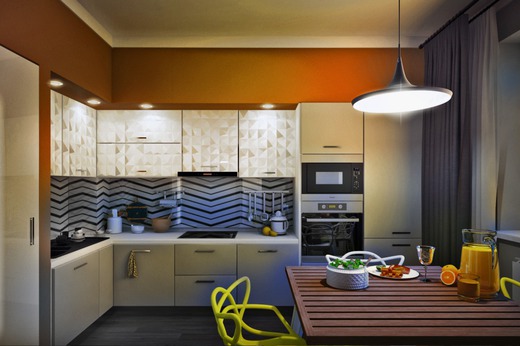 Дизайн интерьера гостиной, кухни и ванной комнаты в ЖК "Лазурный". Кухня